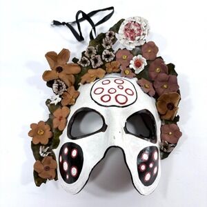 Handmade Leather Mask White Floral Crown Signed Art Wearable Decor Festival